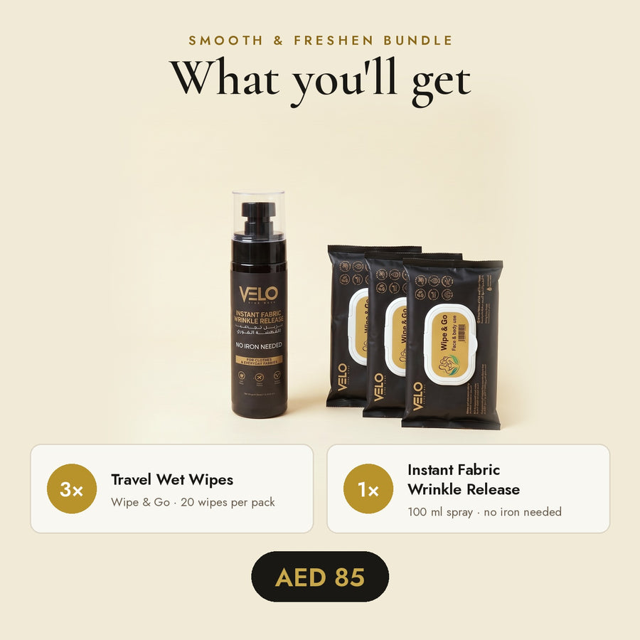 Bundle 1 Fabric Wrinkle Release + 3 VELO Travel Wet Wipes