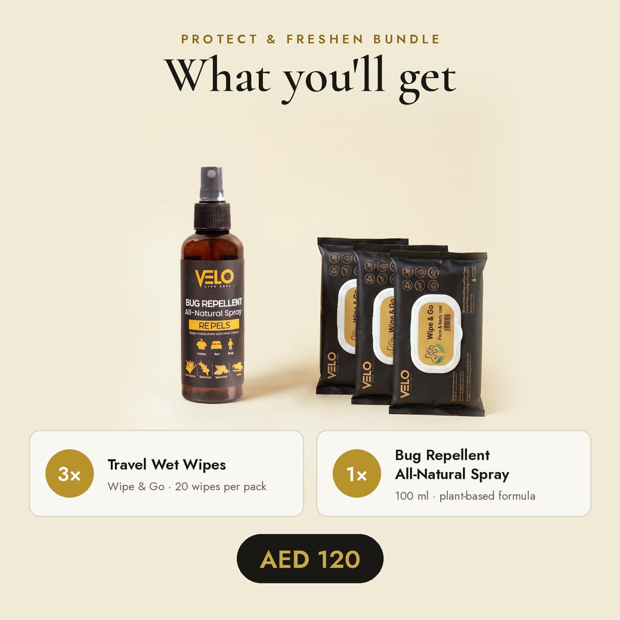 Bundle 1 Bug Repellent Spray + 3 VELO Travel Wet Wipes