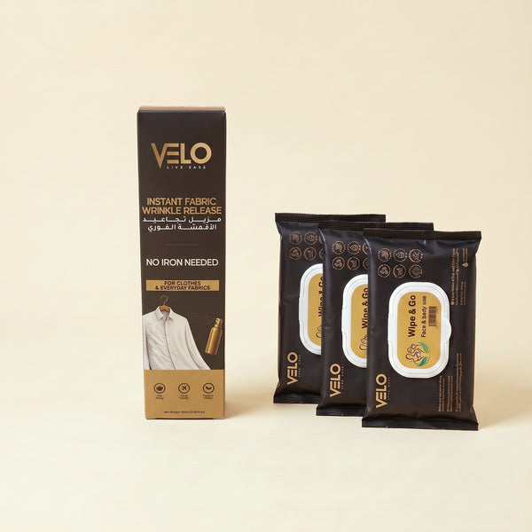 VELO Instant Fabric Wrinkle Release with 3 Travel Wet Wipes packs