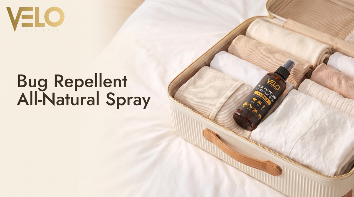 VELO All-Natural Bug Repellent spray in a packed suitcase
