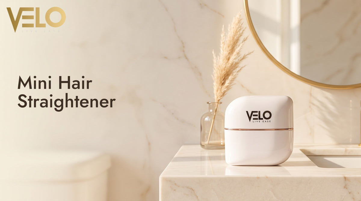 VELO Mini Hair Straightener on a marble vanity