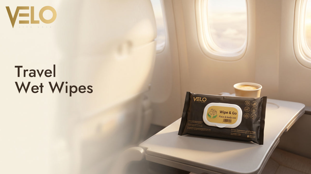 VELO Travel Wet Wipes on an airplane tray table