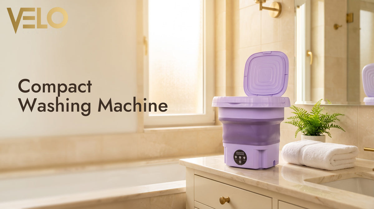 VELO Portable Mini Washing Machine on a bathroom counter