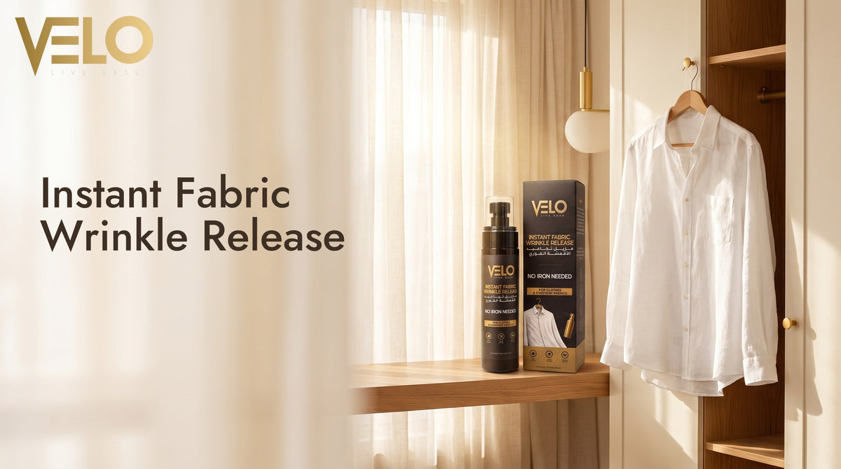 VELO Instant Fabric Wrinkle Release spray beside a white shirt